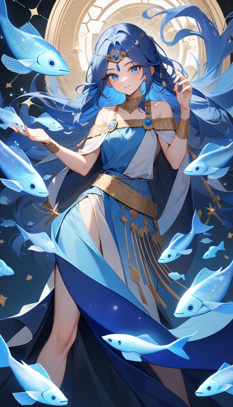 (Huang Li、high quality、Extremely detailed),Constellation-Pisces Goddess,Little fish,Woman petting a school of fish,Similar to Latin goodness,brave,capricious,Productivity,The face of enterprising and humanitarianism,Long blue hair,Ancient Greek costumes、Wrap Dress,The background is the universe,Crystal blue eyes(Eyes Details),Powerful appearance