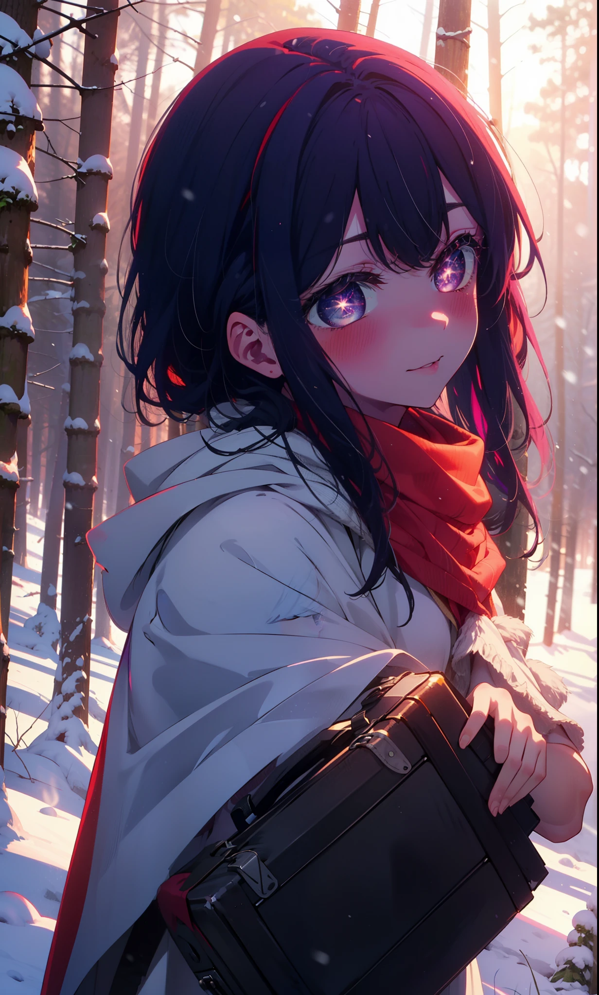aihoshino, Ai Hoshino, Long Hair, bangs, (Purple eyes:1.1), Purple Hair, (Symbol-shaped pupil:1.5), smile,,smile,blush,White Breath,
Open your mouth,snow,Ground bonfire, Outdoor, boots, snowing, From the side, wood, suitcase, Cape, Blurred, , forest, White handbag, nature,  Squat, Mouth closed, Cape, winter, Written boundary depth, Black shoes, red Cape break looking at viewer, Upper Body, whole body, break Outdoor, forest, nature, break (masterpiece:1.2), Highest quality, High resolution, unity 8k wallpaper, (shape:0.8), (Beautiful and beautiful eyes:1.6), Highly detailed face, Perfect lighting, Highly detailed CG, (Perfect hands, Perfect ???????),
