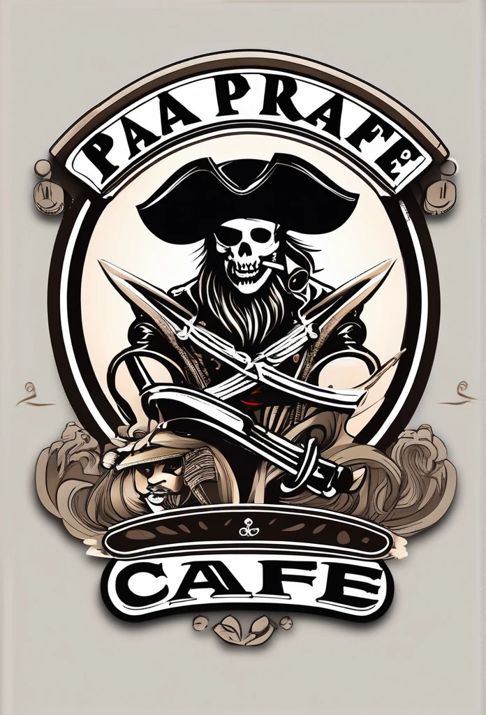 The logo of this cafe is based on the concept of a stylish pirate. The pirate&#39;s hat is、The mug has a pretty cool, chic and modern design. The background is white.