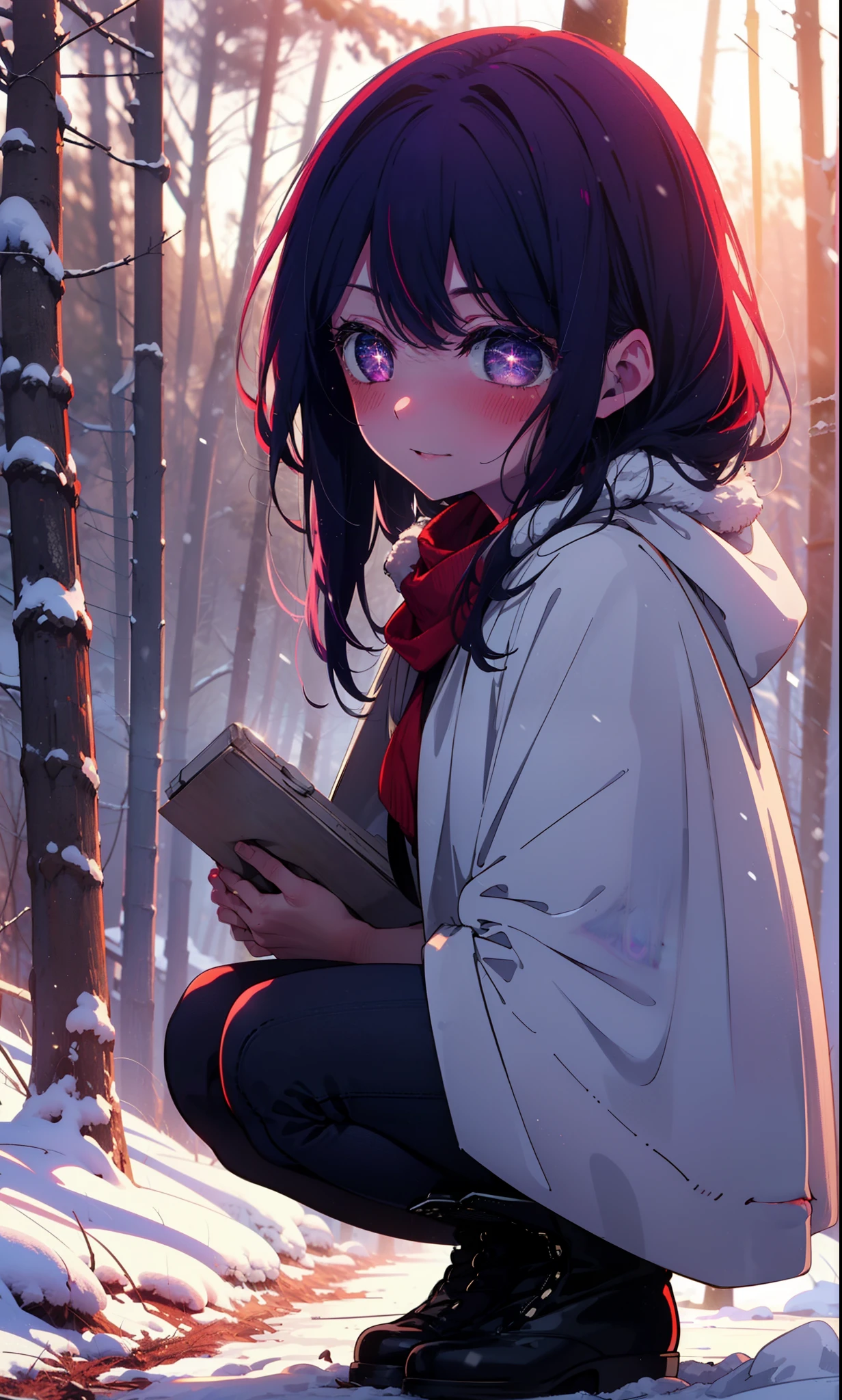 aihoshino, Ai Hoshino, Long Hair, bangs, (Purple eyes:1.1), Purple Hair, (Symbol-shaped pupil:1.5), smile,,smile,blush,White Breath,
Open your mouth,snow,Ground bonfire, Outdoor, boots, snowing, From the side, wood, suitcase, Cape, Blurred, , forest, White handbag, nature,  Squat, Mouth closed, Cape, winter, Written boundary depth, Black shoes, red Cape break looking at viewer, Upper Body, whole body, break Outdoor, forest, nature, break (masterpiece:1.2), Highest quality, High resolution, unity 8k wallpaper, (shape:0.8), (Beautiful and beautiful eyes:1.6), Highly detailed face, Perfect lighting, Highly detailed CG, (Perfect hands, Perfect Anatomy),