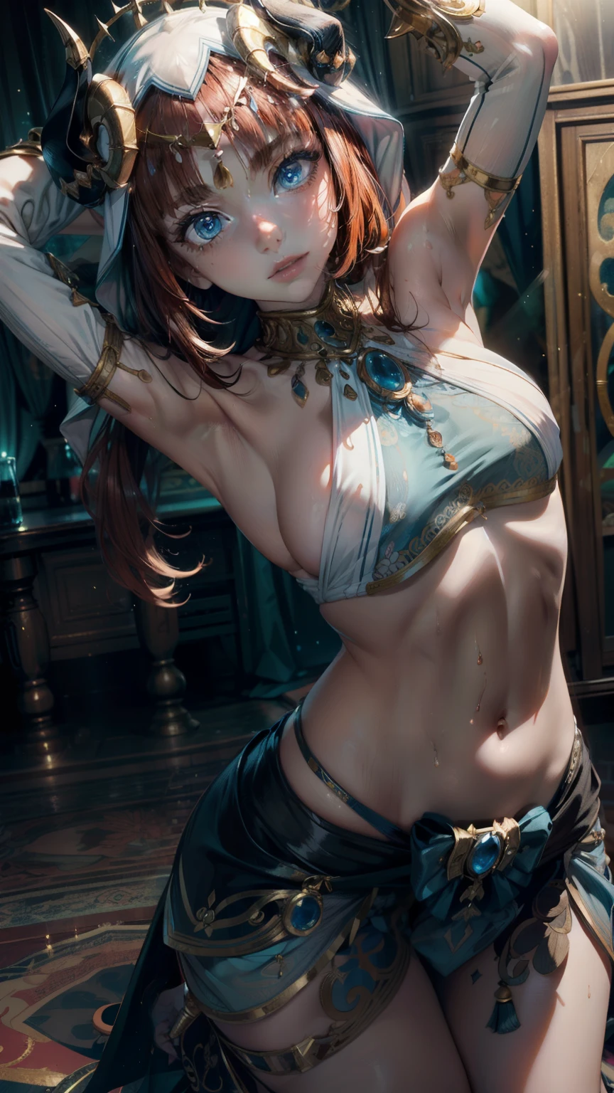 ((masterpiece)),(bestquality),((ultra-detailed)), (beautiful detailed face), depth of field,detailed,((beautiful detailed eyes)), medium breast, niloudef, full body, Belly Dancing pose, sensual, seductive. Theatre scenario background.