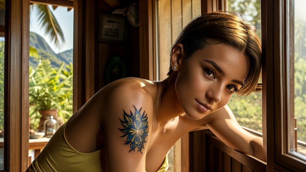 amused polish  Instagram model, 20 years  old with short hair , simple toptank, very small scorpion shoulder tatoo,  radiating fiminity and warmth, gazes out of a window in a quaint, hippie hut in Koh Samui. The subject is a photograph capturing a serene and tranquil atmosphere during the golden hour. Her olive skin glows in the warm light, accentuating the small tattoo on her shoulder. The peaceful scene evokes a sense of calm and elegance, showcasing the impeccable composition and high-quality imagery. i cant believe how beautiful she is