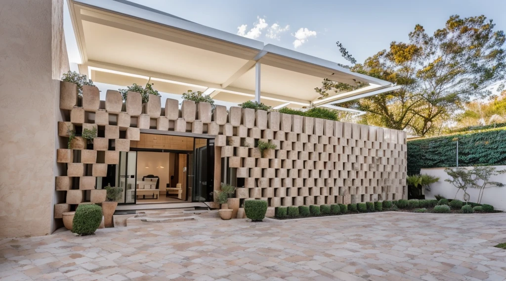 The exterior of a 1-storey house decorated with stacked stone mortars, green trees, a space frame hanging orchids, Ricardo Bofill style, super detailed, bright daylight, blue sky, real photos most, 4K,