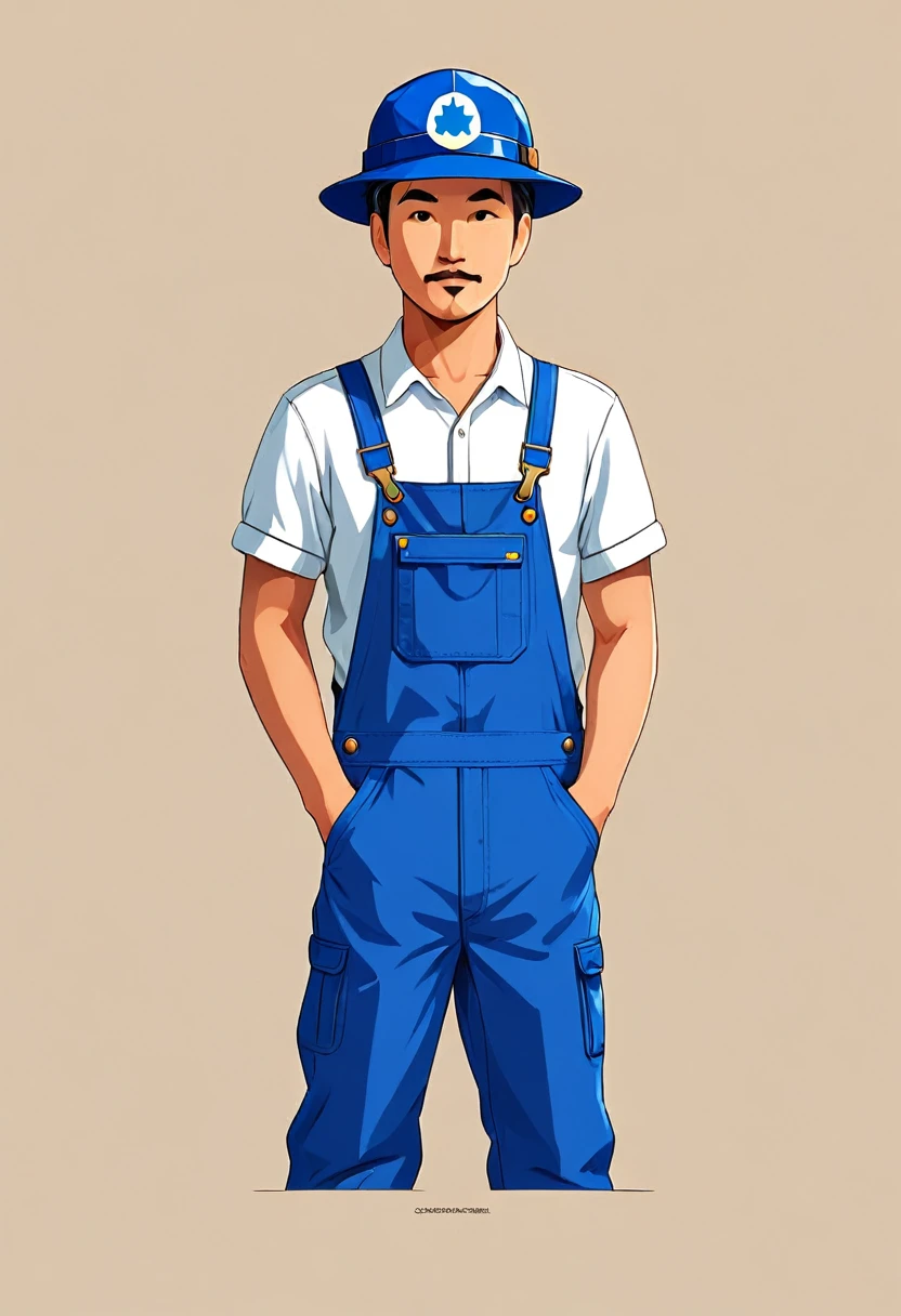 Maintenance personnel，A man wearing a blue hat，Wearing blue overalls，illustration，Stroke，formal，Icon logo，