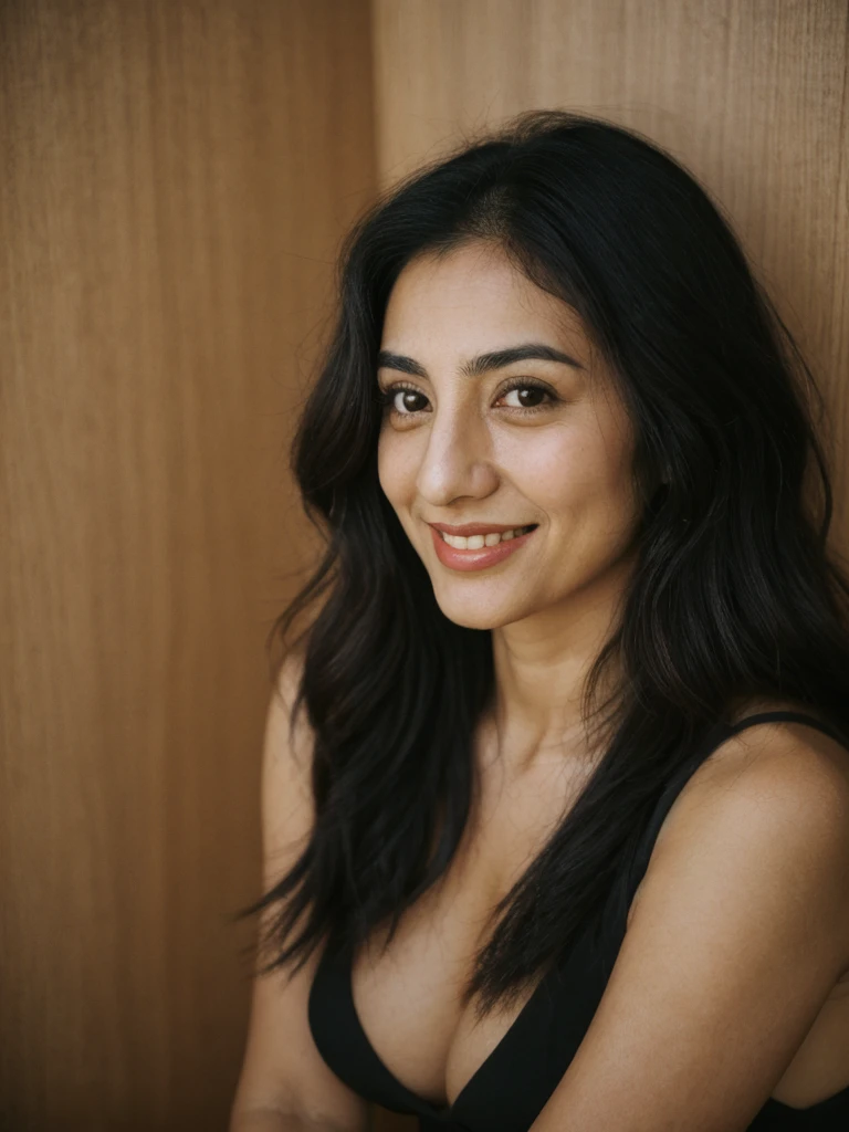 Tzu, black hair, Palestinian woman, ((30-year-old)), (Palestinian skin), (Palestinian eyes), (Palestinian nose), (Palestinian lips), (Palestinian standard face), ordinary Palestinian woman, smiling, hair bobbles, deep eyes, consistent image, ((upper body and upper legs)), nude wide shot, (((leaning))), full nudity, indoor