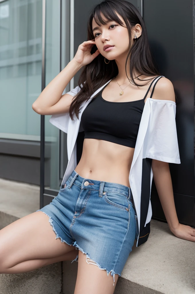 best quality, ultra high res, raw photo, photorealistic, dynamic pose, portrait, ((goddess garb and shorts)), 1girl, pale skin, hair bun, wide thigh gap, wide thighs, white background, masterpiece