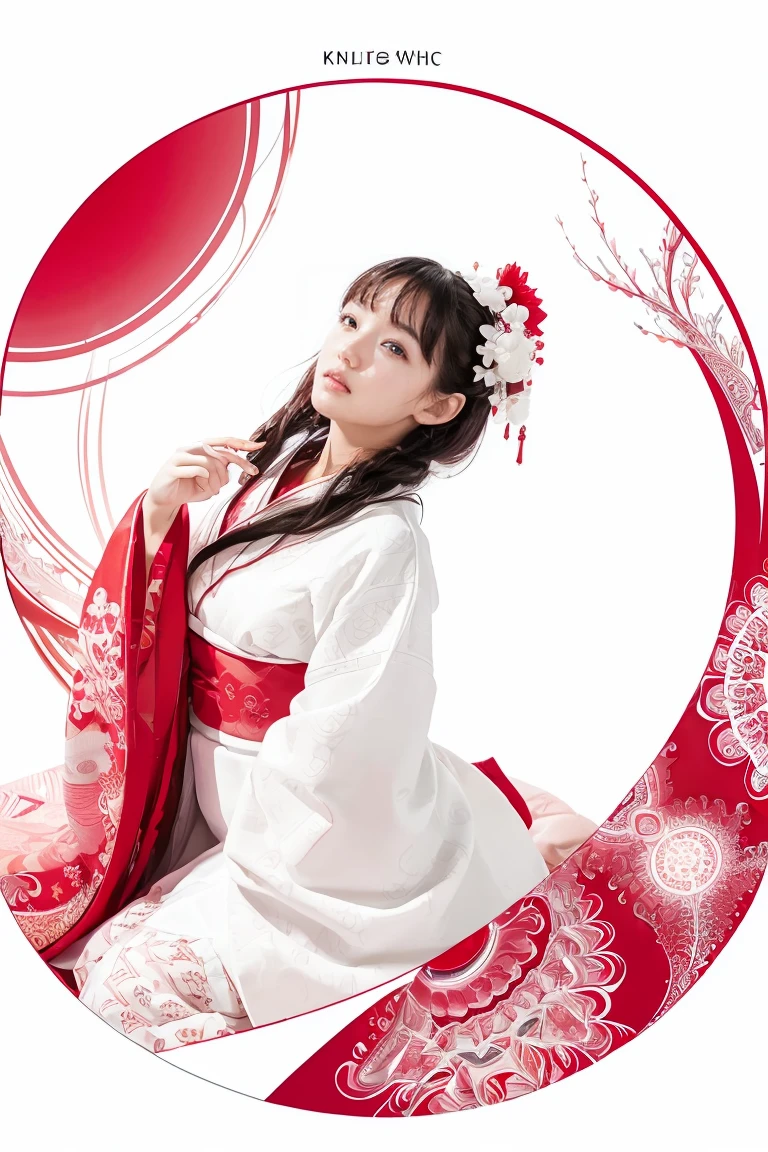 (((white background、White world)))、14 years、unity 8k wallpaper、super detailed、beautiful beautiful、masterpiece、highest quality、(tangleた、mandala、tangle、tangle)、(fractal art:1.3)、one girl、beautiful black hair、Japanese、Big pink、red kimono、Japanese clothing、very detailed、dynamic angle、cowboy shot、The most beautiful things form chaos、elegant、brutal design、Bright colors、romance、atmosphere、ecstasy notes、Streaming music notes are displayed、(((white background、pure white background、Red circle)))