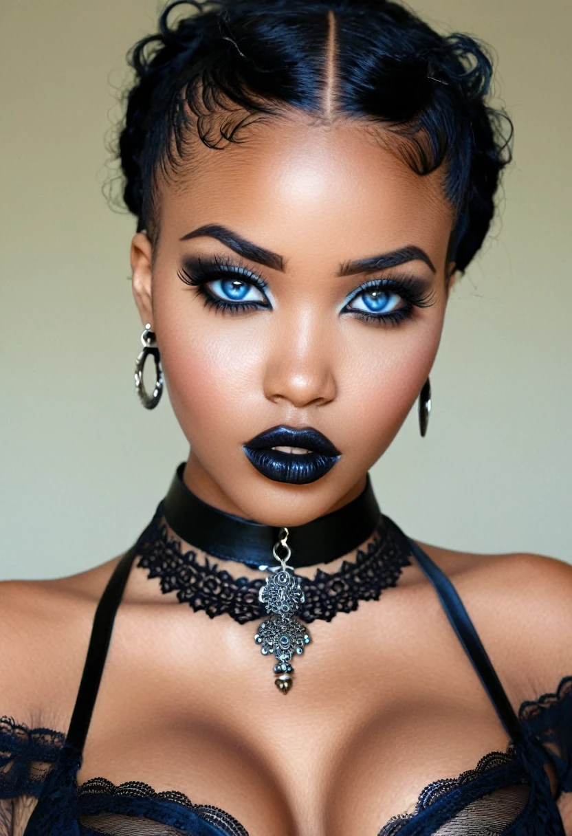 Create a photo realistic hyper realistic heavily tattooed young adorable goth african girl, beautiful perfect face, vibrant sapphire eyes, thin curved black eyebrows, long luscious eyelashes, black eyeliner, black eye shadow, puckered curved lips, thick black lipstick, long natural african hair, black lace choker collar, voluptuous curved body, black lingerie, black thong,