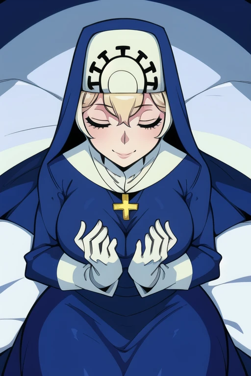 Double, short blonde hair, medium breasts, solo, 1girl, smiling, cowboy shot, closed eyes, 
 blue habit, cross necklace ,white gloves, long sleeves, nun, long skirt
(insanely detailed, beautiful detailed face,beautiful detailed eyes, masterpiece, best quality) room, bedroom, sexy pose, bed, lying down 