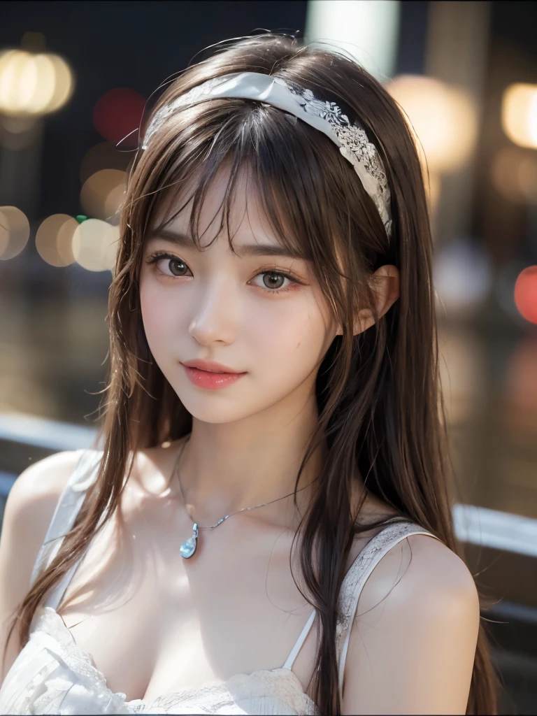 ((masterpiece: 1.3),8K, Realistic, RAW Photos, Highest quality: 1.4), (One Girl), beautiful顔, (Realistic Face), (Brown long hair: 1.3)、(((Night Port、Night view、Sparkling))),beautifulヘアスタイル, (bangs), (smile), smile, Realistic eyes, Gloss, highlight, highlight in the Eyes, eyelash, 目の中のbeautifulディテール, (Realistic Skin),、(((Thin headband、White lace dress)))、Shooting from the air、beautiful肌, Transparency、(beautiful)、 bust, smile, teeth, Confused, charm, 超High resolution, Ultra-realistic, High resolution, Golden Ratio, Clear eyes, Wet, Mole, Looking into the camera, ear, Shine, Long neck, double eyelid, Big eyes, cheek, kind character, charm personality, kind, Move, 圧倒的なcharm, bright personality