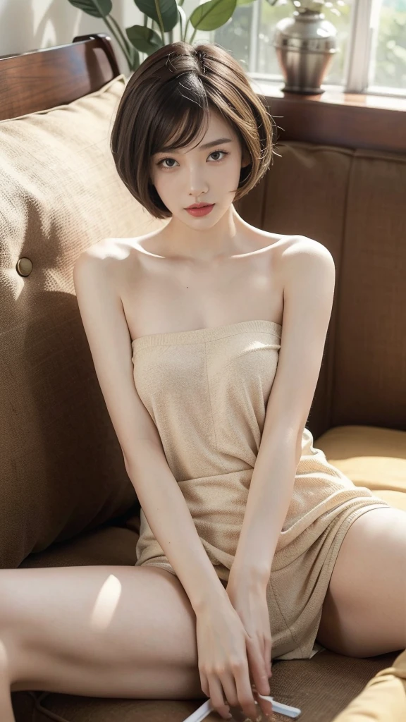 (((best quality))),(((very detailed))),(((masterpiece))),illustration,((1 beautiful girl, College student,alone)),((slim,thin,big bust)),(Bob cut short hair:1.2),(strapless tank top:1.2), studying, books, dormitory, Summer Afternoon, sky, gloomy shadow, bed, Wooden desk, bookshelf, Soft and warm light, lamp, soft light, Almond-shaped eyes, textbooks, fancy, Beach, city, vacation, laugh, pen, emphasis, notebook, date, leg stretching, A cushion, portable fan, soothing breeze, summer heat, herbal tea, thirst, potted plants, greenery, vibrant leaves, cozy atmosphere, a firm expression, excel test, Summer Vacation, Intellect, crystal, achieve the goal,((sit on the sofa,arms back,spread legs,in front,whole body))