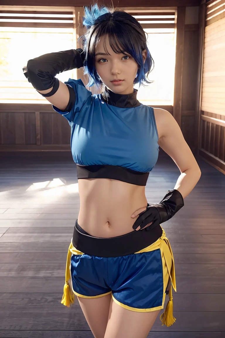 1girl, ((midriff, navel)), looking at viewer, japanese dojo, (cinematic lighting, best quality, masterpiece, hand on hips, high skin details, best quality, highres, HD, 4K, 8k, super detail), (kujou sara:1.3), mask on head, blue hair, short hair, yellow eyes, tassel, gloves