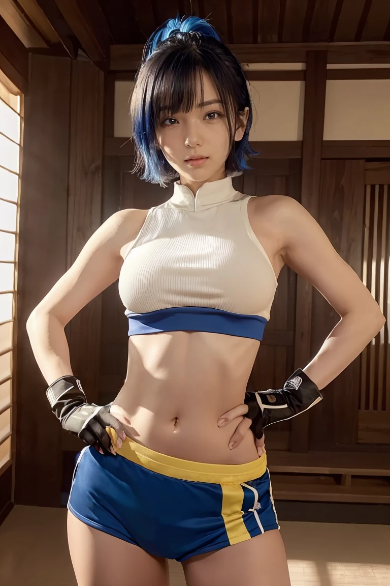 1girl, ((midriff, navel)), looking at viewer, japanese dojo, (cinematic lighting, best quality, masterpiece, hand on hips, high skin details, best quality, highres, HD, 4K, 8k, super detail), (kujou sara:1.3), mask on head, blue hair, short hair, yellow eyes, tassel, gloves