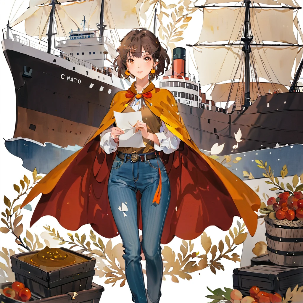 (((paper-cutting style))), 1 girl, short brown curry hair, cape, shirts and jeans, Portfolio, port and ship