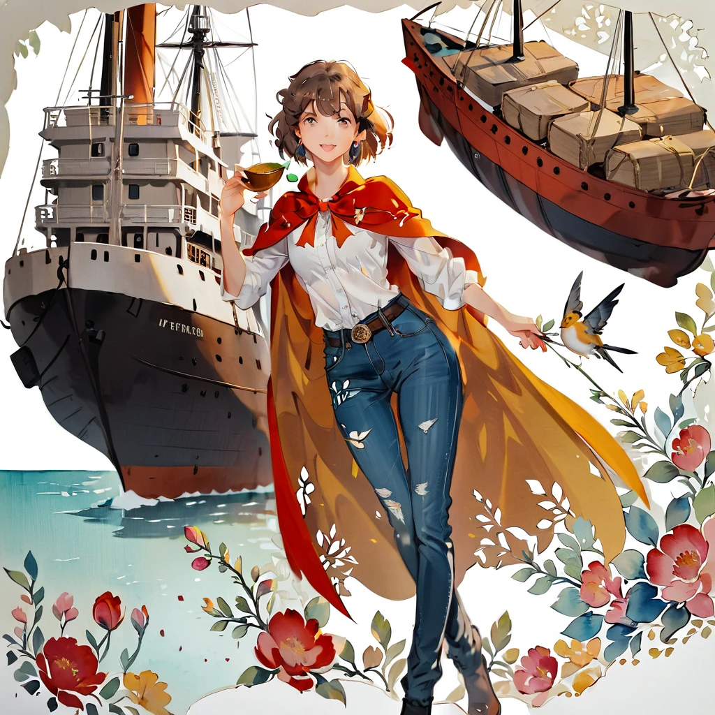 (((paper-cutting style))), 1 girl, short brown curry hair, cape, shirts and jeans, Portfolio, port and ship