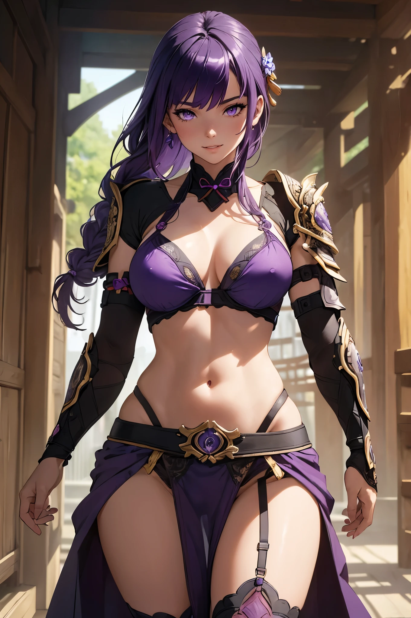 ((1girl, solo)), beautiful body, (perfect anatomy, perfect body, perfect hands, perfect legs), natural proportions, sexy body, large breasts, ((full body, full body front)) BREAK
((extremely detailed face)), (beautiful detailed eyes:1.6), (realistic pupils, realistic iris:1), expressive eyes, looking at viewer, (clear eyes:1.3), (hyperrealistic:1.2), (detailed skin texture:1.2), smooth skin, (raiden shogun), (purple hair:1.5), (purple eyes), long hair, very long hair, braid, ((braided ponytail)), bangs, parted bangs, hair ornament, hair tie, ((mature female)), (grin:1.2), (detailed lips:1.2), (attractive lips:1.1), (glossy lips:1.1), (parted lips), perfect face, perfect eyes BREAK
(revealing clothes:1.5), (bikini armor:1.5), (japanese armor:1.5), (samurai armor), detached sleeves, (shoulder armor:1.3), (arm guard:1.5), (groin:1.5), (highleg panty straps:1.5), (pelvic curtain:1.4) BREAK
(masterpiece:1.5), anime-style, top quality, best quality, (beautiful and aesthetic:1.2), (ultra detail:1.5), Ultra-detailed depiction, Ultra-precise depiction, extremely detailed 8k illustration, high resolution, (highly detailed shading:1.2), (realistic lighting:1.4), perfect lighting, vibrant colors, dynamic tones, striking hues, 8k, absurd resolution, perfect shadows, hdr, UHD, ambient lighting, realistic, ultra-realistic, photo realistic, highly detailed, rich detail, luminous colors, fine texture, intricate design, professional illustration, (soft light:1.2), (illustration:0.7)