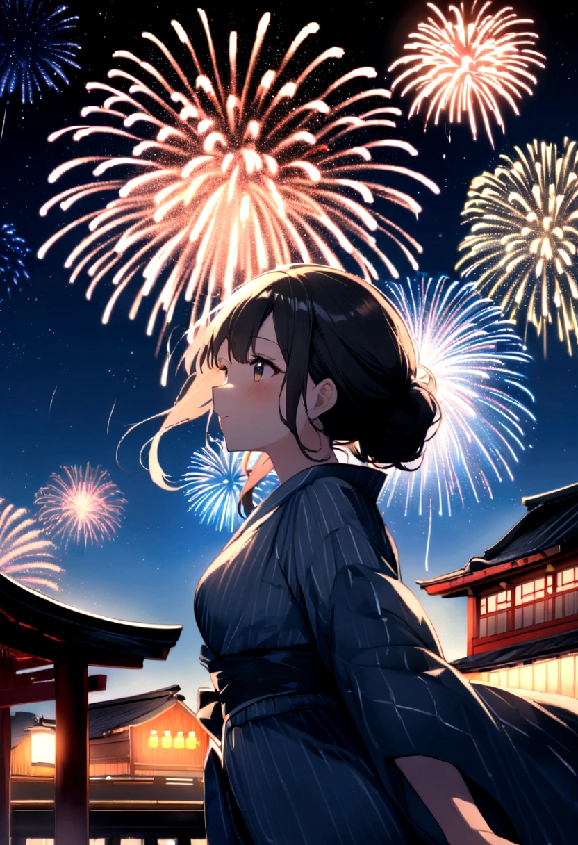 Night view、(The vast starry sky:1.4)、Seven-colored starry sky road、Fireworks display、Big fireworks bursting into the night sky、Beautiful skyline、Kyoto cityscape、shrine、Summer festival、Very tense and dramatic photo、Moving visual effects、The North Star Hanging High、Colorful night natural light、And a girl in a yukata、