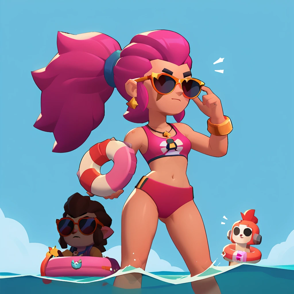 a blue-skinned triceratops, female, animal triceratops, dwarf, wearing a red swimsuit and sunglasses, with a pink and white life buoy, brawl, brawl stars