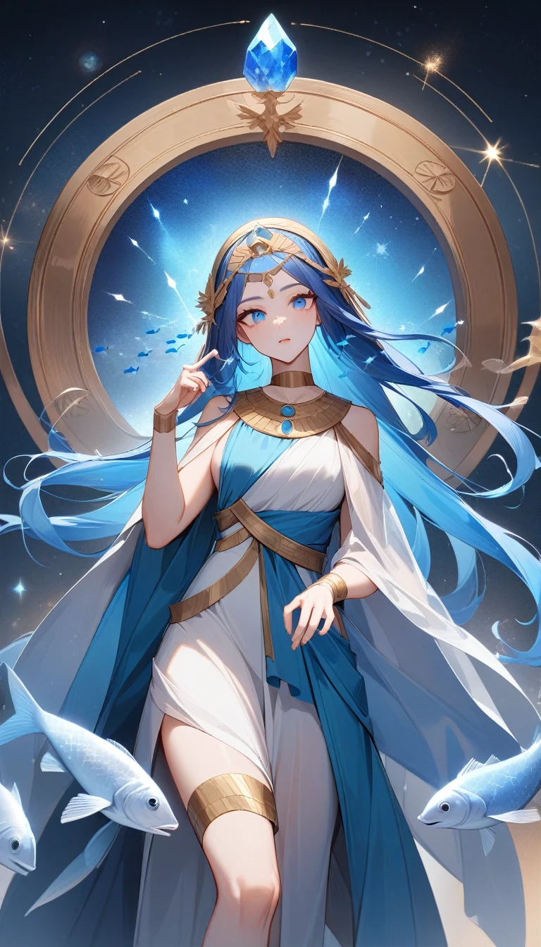 (Huang Li、high quality、Extremely detailed),Constellation-Pisces Goddess,Little fish,Woman petting a school of fish,Similar to Latin goodness,brave,capricious,Productivity,The face of enterprising and humanitarianism,Long blue hair,Ancient Greek costumes、Wrap Dress,The background is the universe,Crystal blue eyes(Eyes Details),Powerful appearance