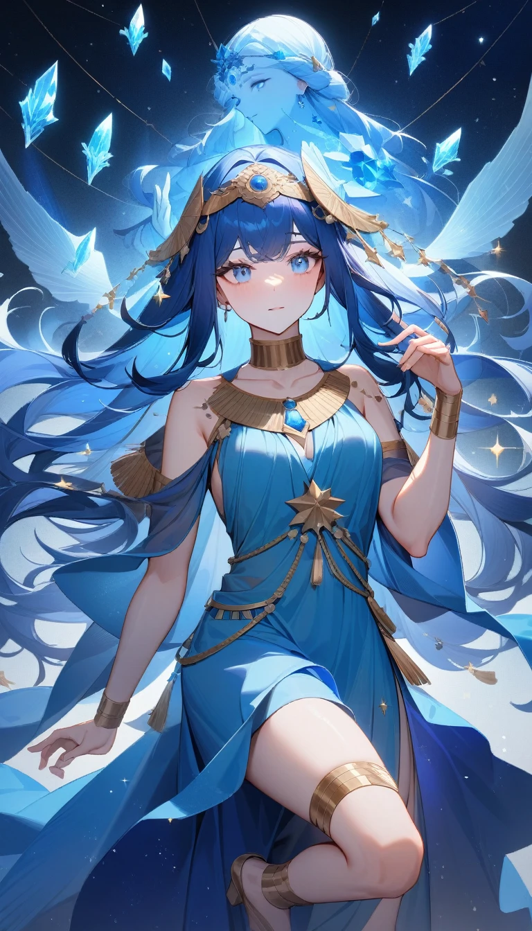 (Huang Li、high quality、Extremely detailed),Constellation-Pisces Goddess,Little fish,Woman petting a school of fish,Similar to Latin goodness,brave,capricious,Productivity,The face of enterprising and humanitarianism,Long blue hair,Ancient Greek costumes、Wrap Dress,The background is the universe,Crystal blue eyes(Eyes Details),Powerful appearance