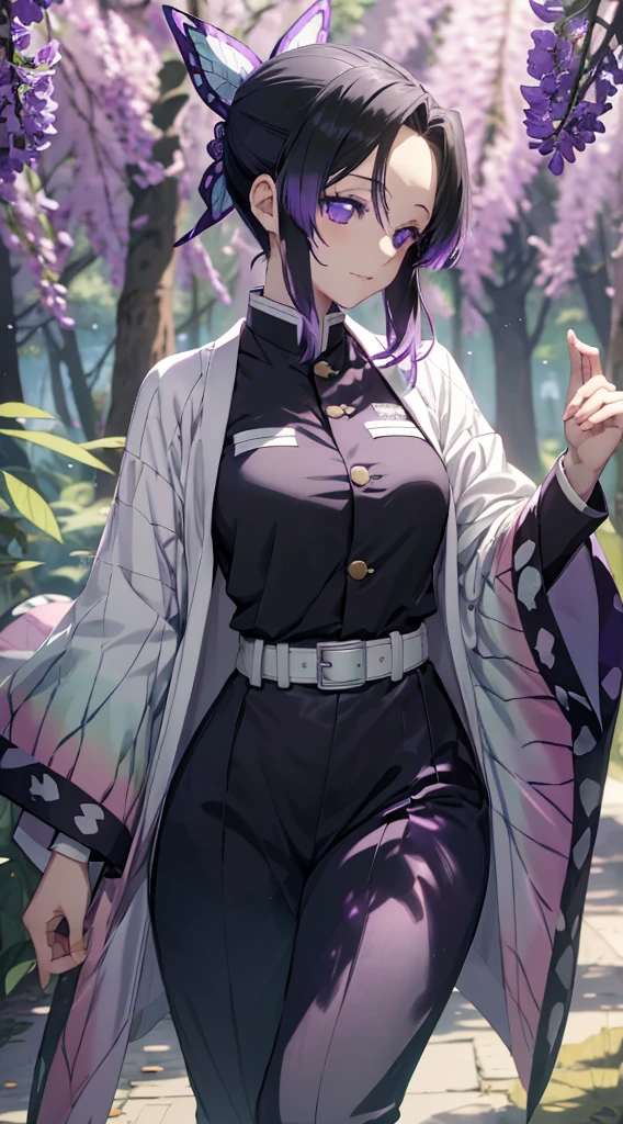 Solo, Kocho Shinobu, Shinobu Kocho \(Demon Slayer\), Tied-Up Hair in a Messy Bun, Black Wavy Hair, Purple Hair Tips, Lightless Eyes, Lavender-Black Coloured Eyes, Busty Chest, Large Breast Size, Wide Hips, Thick Thighs, Demon Slayer Uniform, Katana on Hip, Friendly Smile, Soft Blush, Waving at Camera, Standing in Dimly Lit Tori Gate Path, Bamboo Forest, Lanterns on Ground, Beautiful Lighting, Perfect Anatomy, Perfect Hands, Masterpiece, 4K Resolution