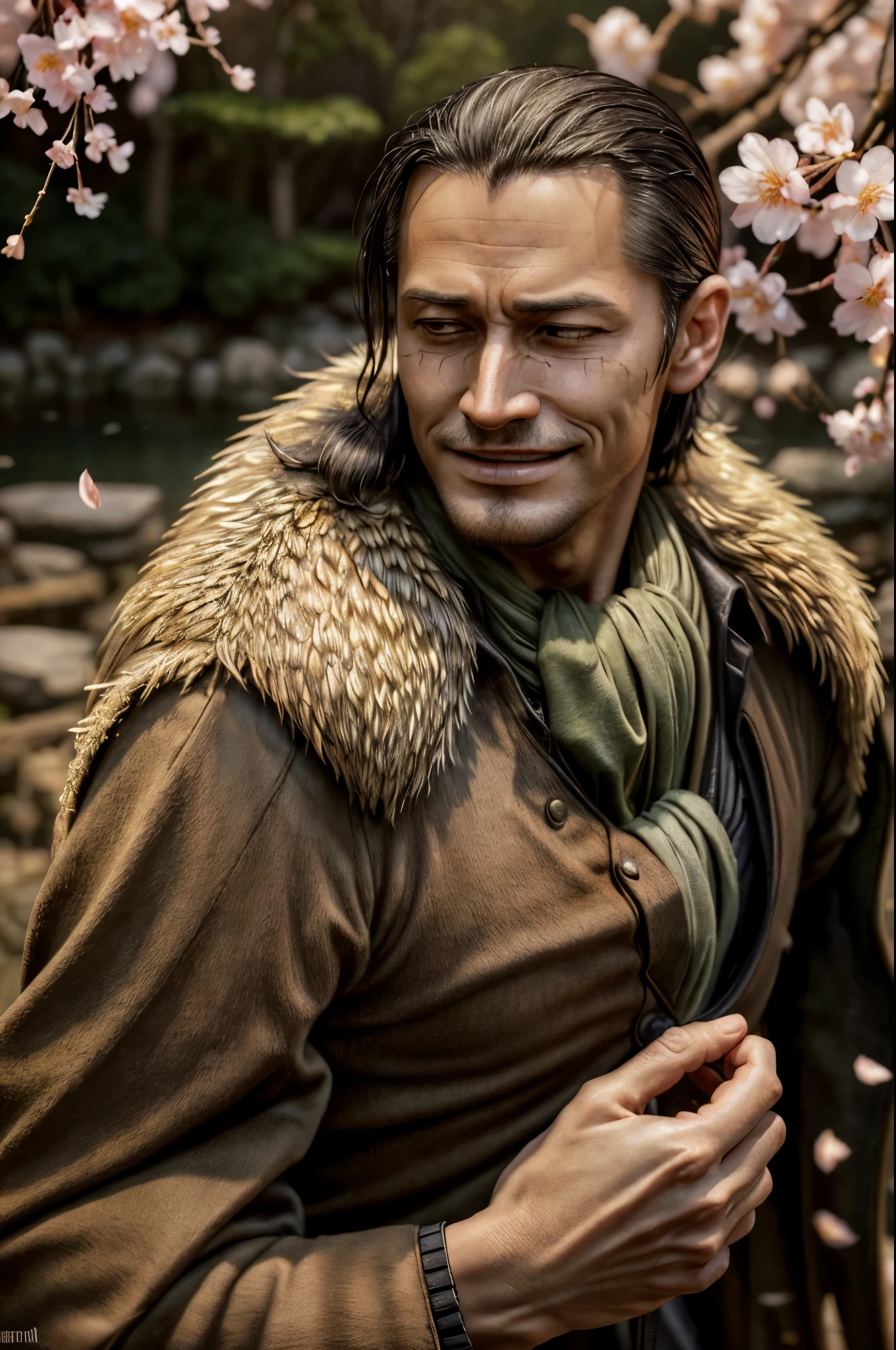 masterpiece, best quality, extremely detailed, hyperrealistic, photorealistic, a cool 40s man, ultra detailed face:1.2, fur-trimmed coat, scarf around the neck, his left hand is a golden pirate hook:1.1, japanese style garden, cherry blossom tree, fluttering cherry blossom petals, sly smile, dynamic pose, landscape