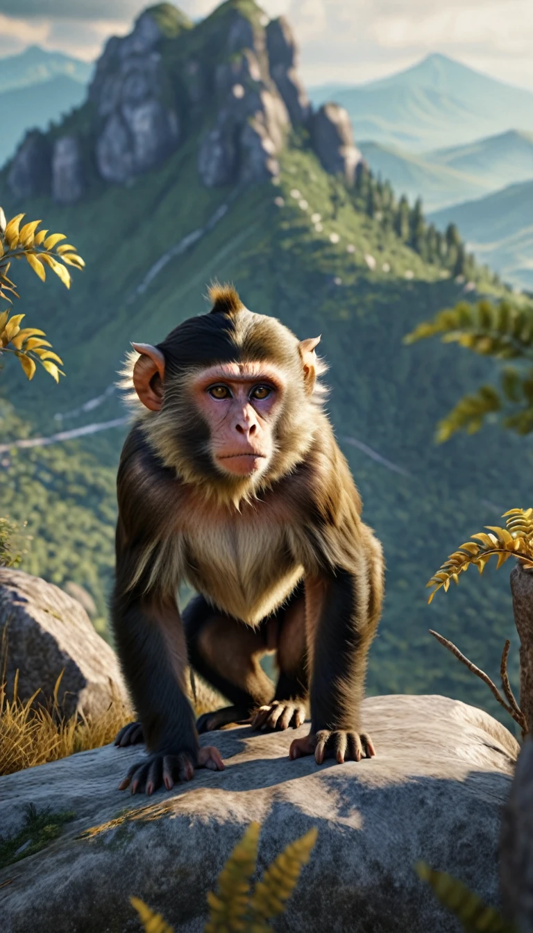 There is a wild beast on the mountain,Looks like a monkey but has four ears(best quality,4K,8K,High level,masterpiece:1.2),Ultra Detailed,(lifelike,Photo real,Photo real:1.37),Highly detailed animals,Realistic lighting,Fantasy Creatures