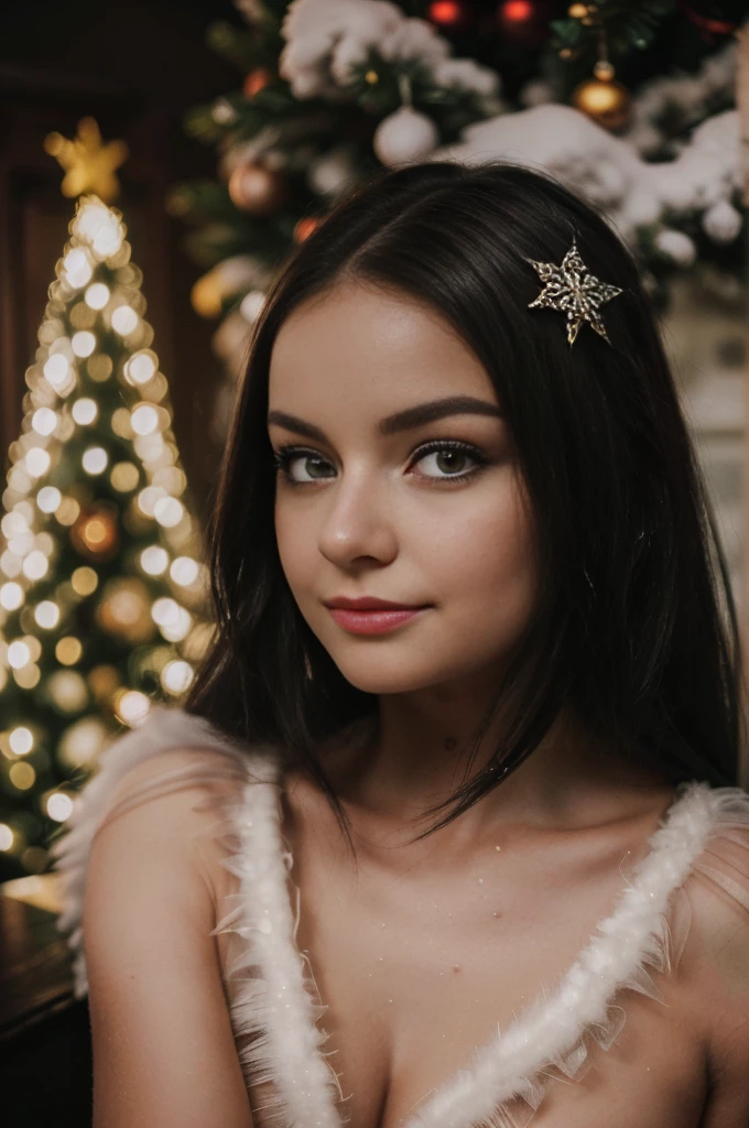 Hyperrealistic,Hyperdetailed,Realism Photo of a (({{1woman}},{solo},beautiful detailed eyes,shine eyes,goddess,black hair with red streaks,fluffy hair,messy_hair,christmas ribbons,hair_bow,{flowing hair},glossy hair,Silky hair,ponytail,thin straped christmas dress,gorgeous thin straped lace crystal christmas dress,smile,stare,cape,altocumulus,in the livingroom,{{in a livingroom sitting infront of a christmas tree and a fireplace}},{(crystal)},crystal poppies,{lacy}) ({{misty}},posing sketch,Brilliant light,cinematic lighting,thick_coating,healthy tint,many presents,fireplace,snow falls,snowing,christmas day,festive christmas decorations,magical enchanting fantastical,8k resolution,particle effects streaming,bright lights,Unreal Engine intricately,[a colorful lighting translucent star made of bright smoke],intricate design,photorealistic,hyperrealistic,high definition,extremely detailed,cinematic,UHD,HDR,32k,ultra hd,realistic,warm muted tones,highly detailed,perfect composition,beautiful detailed intricate insanely detailed octane render,trending on artstation,aw0k geometry,photo-realistic,50mm lens,f/2.8,natural lighting,highly detailed,masterpiece,absolute realistic,best quality,ultra-realistic,highest resolution,Professional Photography,ral-chrcrts,neon photography style,masterpiece,{{{best quality}}},illustration,{{{extremely detailed CG unity 8k wallpaper}}},Ambient light,long_focus,Colorful blisters,Movie Still,Realism,falling_snow,snowing,Christmas 1girl,Christmas Room