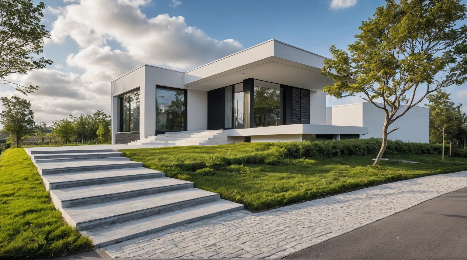 Raw photo,Masterpiece, high quality, best quality, authentic, super detail,
outdoors, onestoreyvillaXL, aiaigroup, house style modern on the street ,stairs, white wall
road,pavement, grass, trees, sky, cloud, (daylight:1.1)