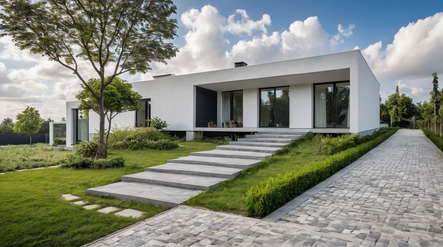 Raw photo,Masterpiece, high quality, best quality, authentic, super detail,
outdoors, onestoreyvillaXL, aiaigroup, house style modern on the street ,stairs, white wall
road,pavement, grass, trees, sky, cloud, (daylight:1.1)