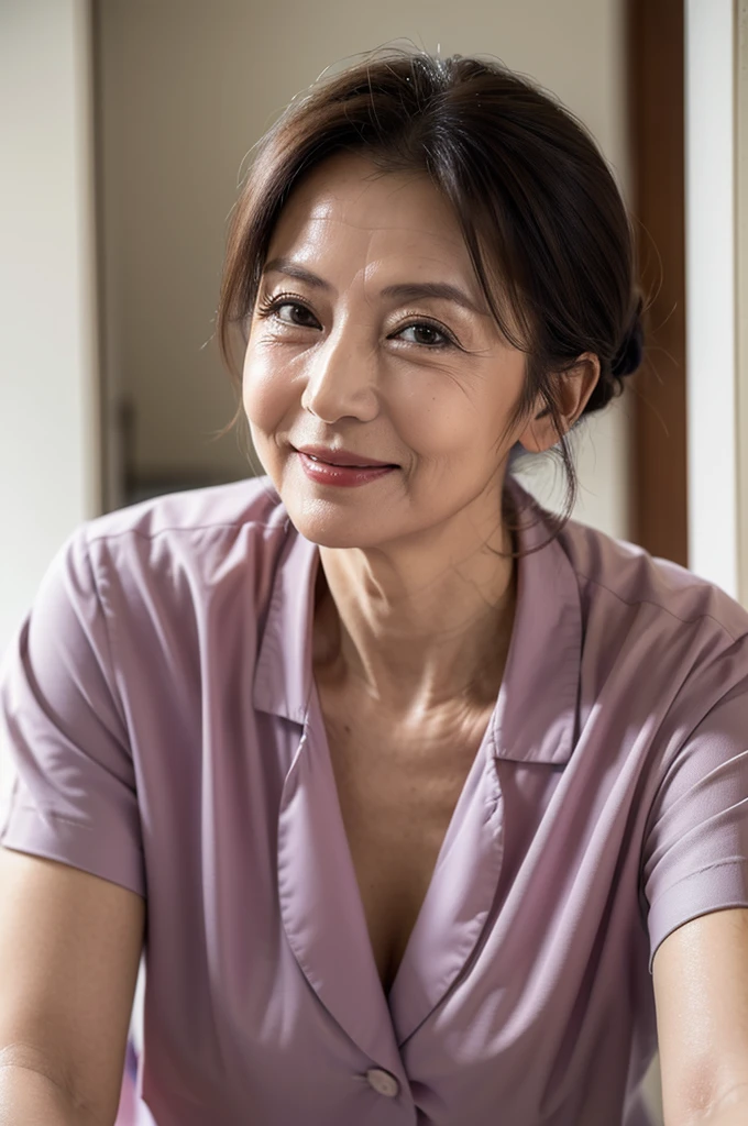 (masterpiece:1.4),(65-year-old woman:1.5),(facial wrinkles 1.2), (hair tied up : 1), A kind smile,maternal, Mature Woman, (dressed as a nurse : 1.2), white nurse uniform