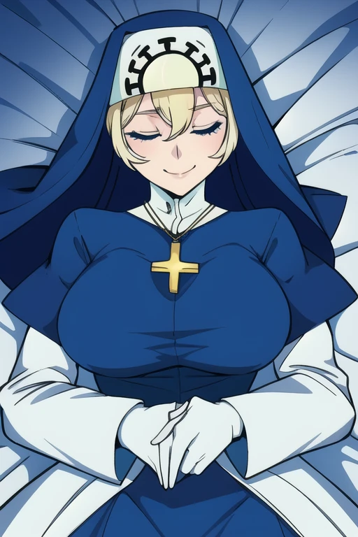 Double, short blonde hair, medium breasts, solo, 1girl, smiling, cowboy shot, closed eyes, 
 blue habit, cross necklace ,white gloves, long sleeves, nun, long skirt
(insanely detailed, beautiful detailed face,beautiful detailed eyes, masterpiece, best quality) room, bedroom, sexy pose, bed, lying down 