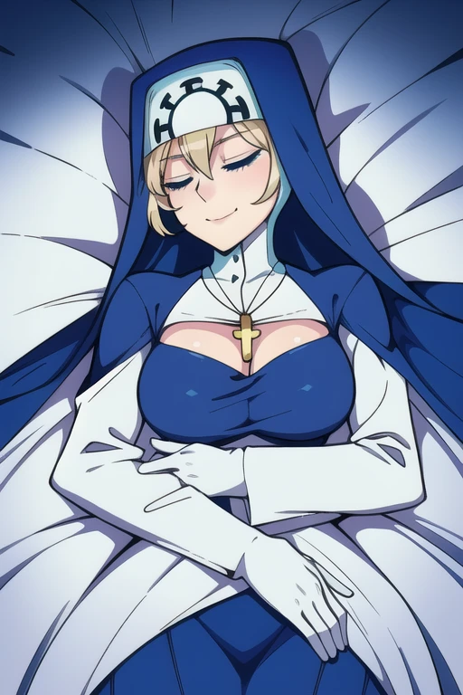Double, short blonde hair, medium breasts, solo, 1girl, smiling, cowboy shot, closed eyes,
blue habit, cross necklace ,white gloves, long sleeves, nun, long skirt
(insanely detailed, beautiful detailed face,beautiful detailed eyes, masterpiece, best quality) room, bedroom, sexy pose, bed, lying down