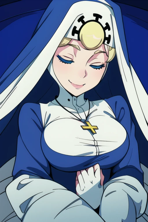 Double, short blonde hair, medium breasts, solo, 1girl, smiling, cowboy shot, closed eyes,
blue habit, cross necklace ,white gloves, long sleeves, nun, long skirt
(insanely detailed, beautiful detailed face,beautiful detailed eyes, masterpiece, best quality) room, bedroom, sexy pose, bed, lying down