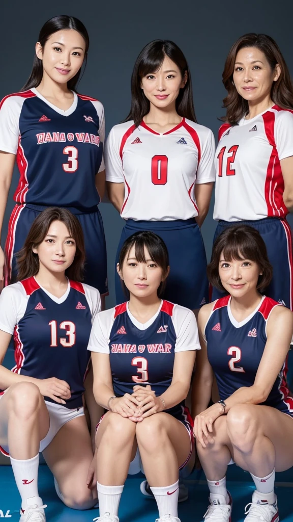 ((Highest quality)), ((masterpiece)), (detailed), volleyball uniform,Japanese women,((Mature Woman)),Middle age,45 years old,((3人のMature Woman)),(((Three Women))),Three Women,Three people side by side,Gymnasium background,Beauty,Beautiful face,Cute face,Realistic and natural live-action,whole body,