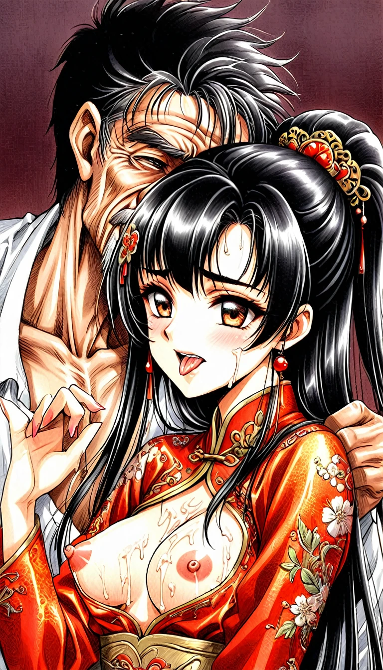 Beautiful  Chinese Kung Fu girl princess with long black hair　Gorgeous embroidery, Ultra glossy, She is wearing shiny red long sleeve floral pajamas....　She is forced to embrace an old man in front of her lover.　Intense foreplay　Fluid spurting from her nipples　The old man licks her breasts with his tongue