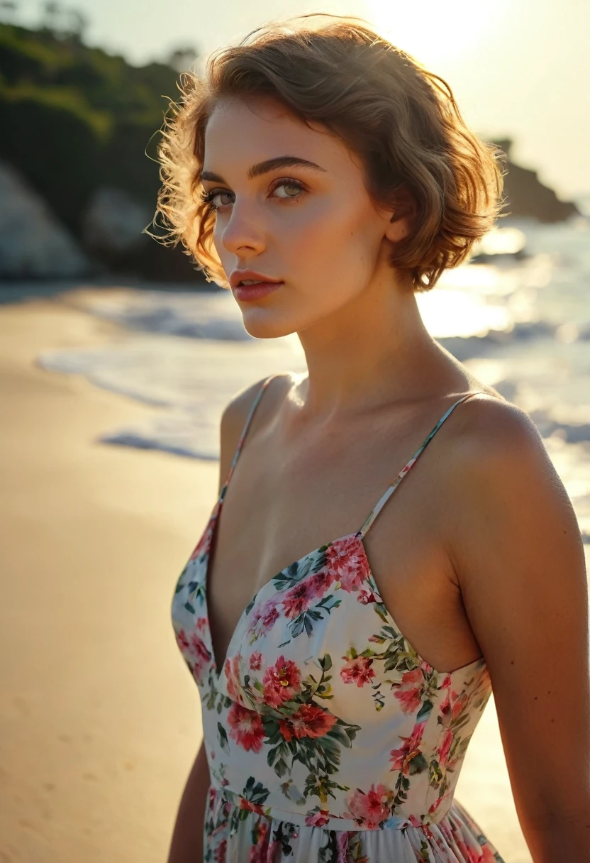 (nnlnnx_1985-1987_v1.4g:0.5), nnlnnx, short hair, (sharp focus:1.2), portrait, attractive young woman, (beautiful face:1.1), detailed eyes, luscious lips, (eye makeup:1.2), (tight body:1.2), wearing (flowery dress:1.2) at (the beach:1.2). (morning sun lighting:1.2), depth of field, bokeh, 4K, HDR. by (James C. Christensen:1.2|Jeremy Lipking:1.1).