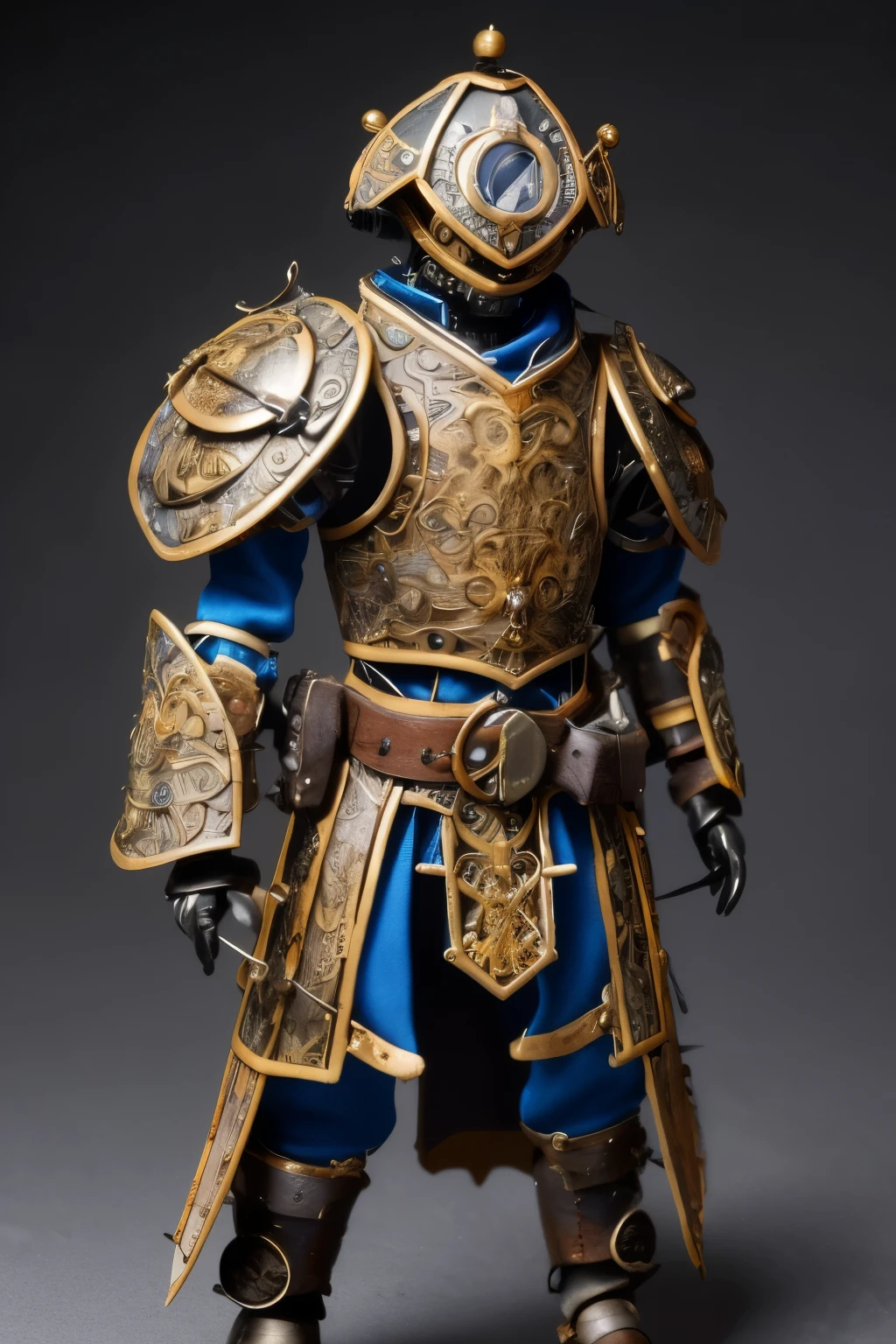 dnd small mechanical automaton with half plate armor mechanism not a humankind with lot of instruments on the belt steampunk