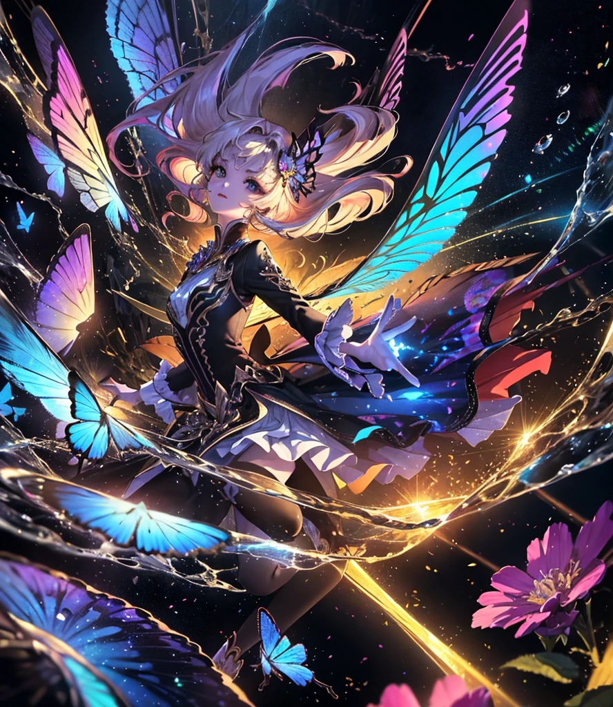 (((Masterpiece))), (((Best quality))), ((Ultra-detailed)),(Highly detailed CG illustration), ((An extremely delicate and beautiful)),Cinematic light, Create stunning fantasy artwork,fairy fantasy,the Flower Fairy,Transparent butterfly wings,Fairy stick,Lots of flowers,Lots of colouring butterflies, A skirt blown by the wind,Fluttering strands of rainbow hair,Side Body,ventania:1.3,dyna,brightly colored,Exudes an aura of mystery and magic. Pay close attention to intricate facial features, For example, mesmerizing eyes,smile,brightly, The character's clothes should be designed to be as light as the wings of a cicada, Subtle iridescent details. Blend in with fantastic colors, Dynamic lighting, and detailed background elements,Consider the latest trends in fantasy art, such as incorporating unique lighting effects, Explore dynamic and engaging composition techniques, And try a unique color palette. Take inspiration from top artists on ArtStation and Midjourney. camera: Choose an angle that highlights the beauty of your character,Enhance the magical majesty of the artwork. lighting: Use atmospheric lighting technology to create depth and atmosphere. Resolution: Aim for high-resolution artwork,to showcase intricate detail and clarity. Artistic inspiration: Get inspiration from popular artists on ArtStation, Explore different styles
