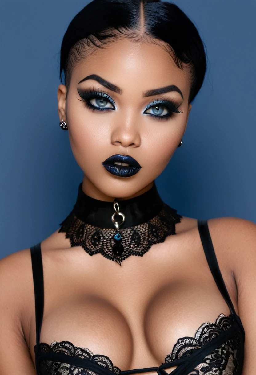 Create a photo realistic hyper realistic heavily tattooed young adorable goth african girl, beautiful perfect face, vibrant sapphire eyes, thin curved black eyebrows, long luscious eyelashes, black eyeliner, black eye shadow, puckered curved lips, thick black lipstick, long natural african hair, black lace choker collar, voluptuous curved body, black lingerie, black thong, big breasts