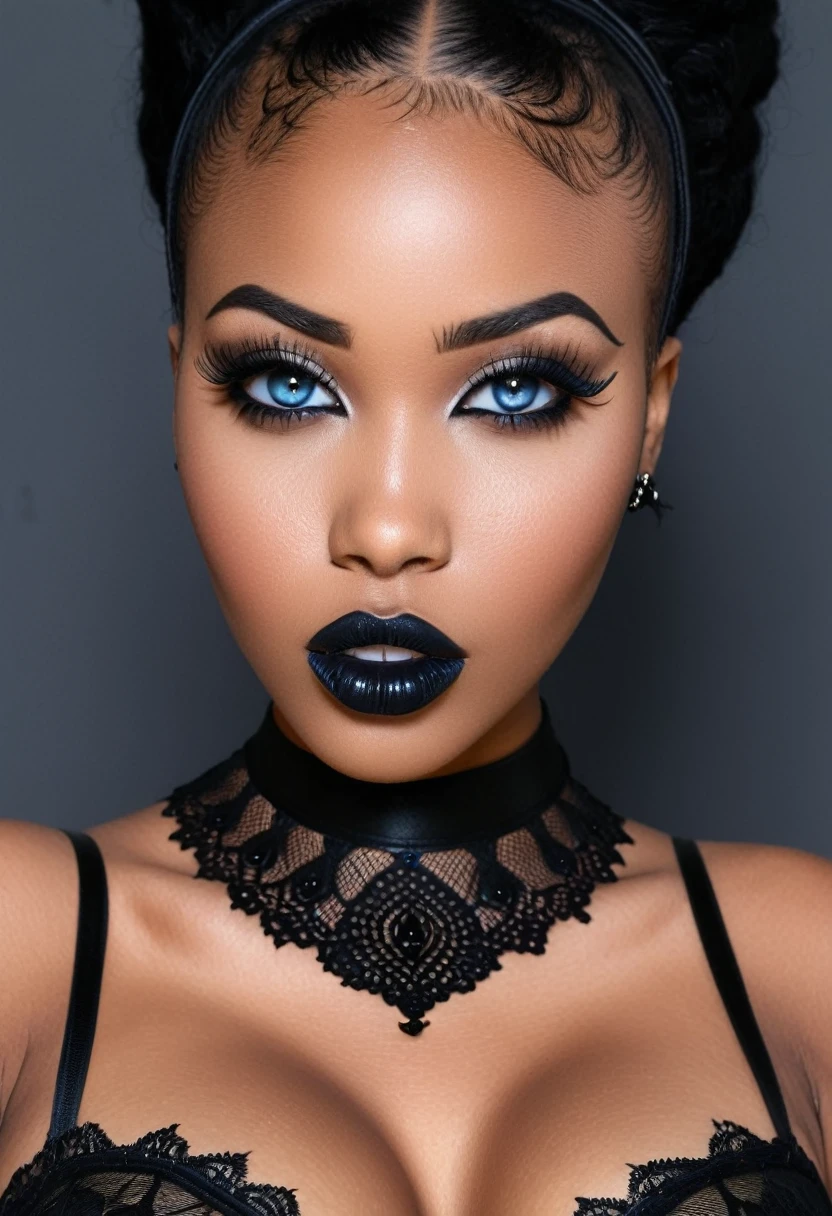 Create a photo realistic hyper realistic heavily tattooed young adorable goth african girl, beautiful perfect face, vibrant sapphire eyes, thin curved black eyebrows, long luscious eyelashes, black eyeliner, black eye shadow, puckered curved lips, thick black lipstick, long natural african hair, black lace choker collar, voluptuous curved body, black lingerie, black thong, big breasts