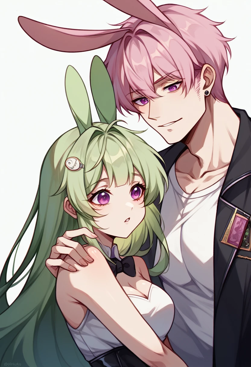 2girls,{{ chest, Nikkesoda, Purple eyes, Long Hair, Green Hair, bangs,}},{{black bunny,Nikkesoda,pink hair}},Father Matching