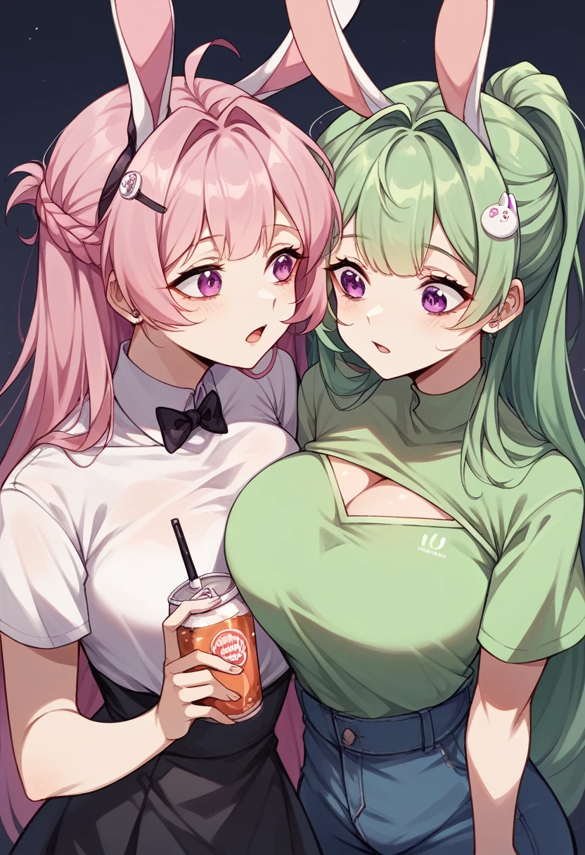 2girls,{{ chest, Nikkesoda, Purple eyes, Long Hair, Green Hair, bangs,}},{{black bunny,Nikkesoda,pink hair}},Father Matching