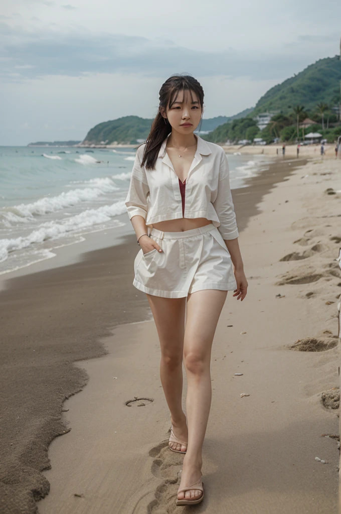 Korean woman walking alone in the background on the beach