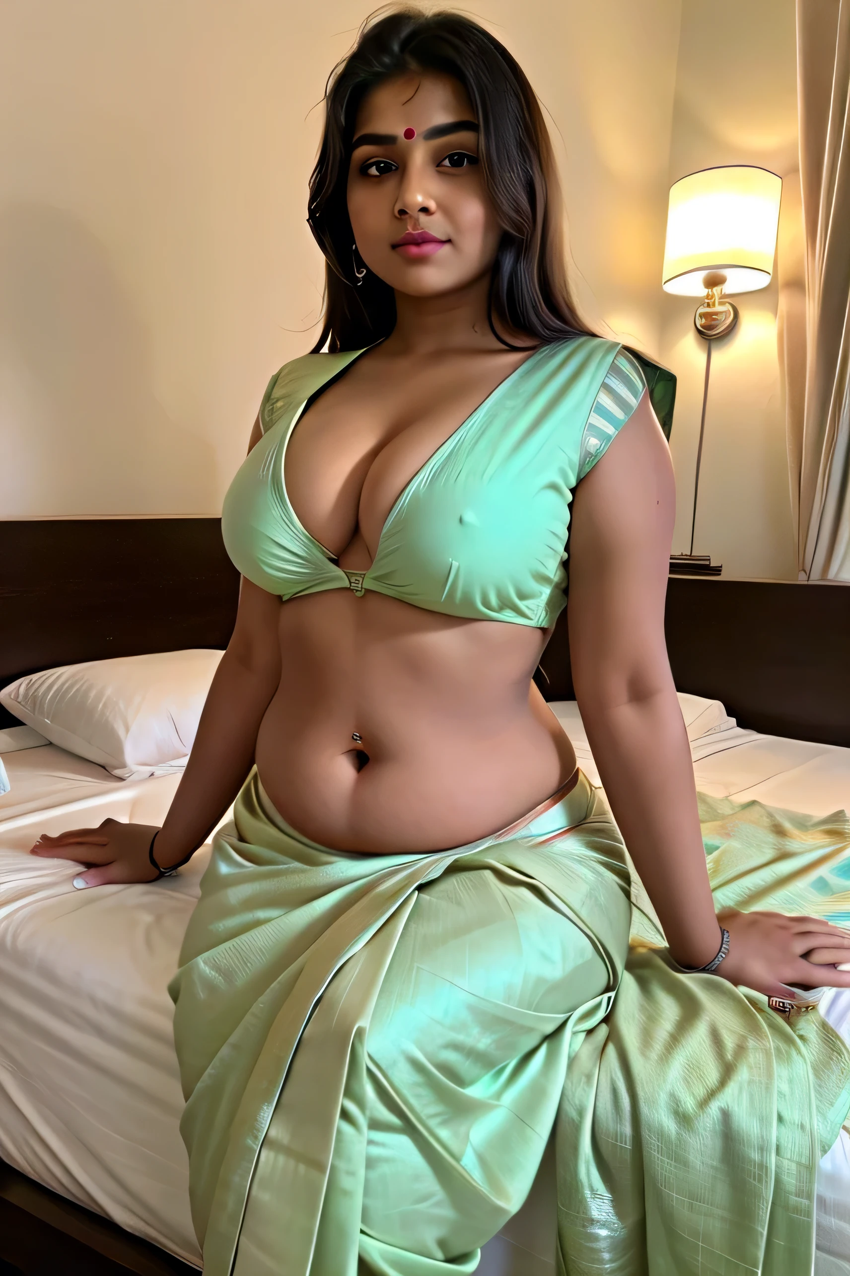 Beautiful indian chubby woman in saree only in half cup light green blouse huge  sexy mood on bed with belly button 
