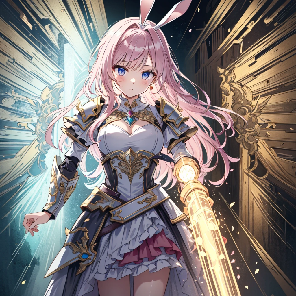 (Detailed illustrations,Extremely detailed and detailed drawing,Delicate lines with slow and fast movements,Realistic texture expression),[color tress main line],(Fantasy World Battlefield [Burning Castle]),(Girl Robot 13 years old (Pink Rabbit [metal face])) [Weapon Machine],(([petal] Metal Dress [Frills]) [Floral] [Clear pink translucent armor covering the body surface]) [ribbon]) [Glowing energy tubes at joints],[Use a sledgehammer as a weapon],[[Mobile Weapon Gigant Size][Science Fiction Machine]],(- Metallic luster of metal),(Intricate and beautiful decoration [Intricate details]),(Precisely drawn face)[Perfect eye detail(Beautifully detailed iris)[Jewel-like eyes]],[Long and beautiful eyelashes],[carefully drawn hair [About beautiful and shiny hair]],(Perfect hand detail [Beautiful fingers without breakdowns [Beautiful nails]]),(Perfect Anatomy(Perfect balance))[[Like the whole body]],[Ideal color coordination(Accurate simulation of light-matter interactions)],[Storytelling visual art].
