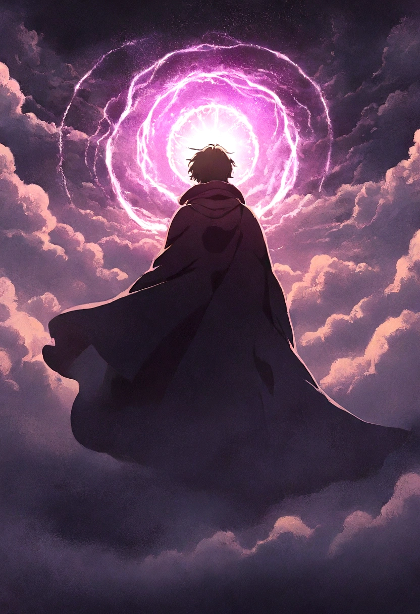 anime, Man in a cloak flying through a cloudy sky, Concept art inspired by Cyril Rolland, Topics on pixiv, magical realism, Makoto Shinkai Cyril Rolland, Magic portal in the sky, anime epic artwork, cloud vortex, Wide angle fantasy art, makoto shinkai. Digital Rendering, anime fantasy illustration