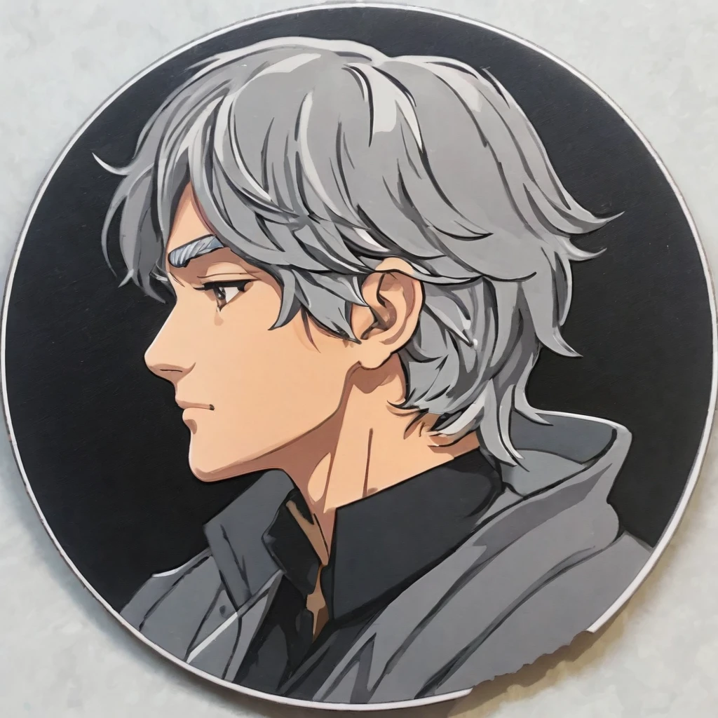 (a sticker,),(3D anime sanemi), grey hair,(In circlerown background), (pollock border)(oil painting style), ultra - detailed, male character, best quality, Detailed diagram, vectorized, 8K, Professional a sticker design, Graphic design, vector lines, a sticker, Full-HD