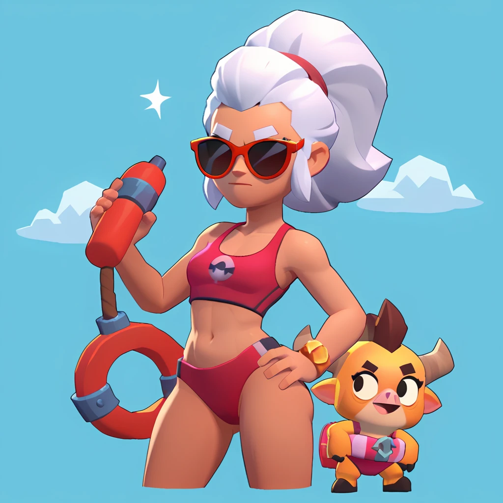 a blue-skinned triceratops, female, animal triceratops, dinosaure triceratops, dwarf, wearing a red swimsuit and sunglasses, with a pink and white life buoy, brawl, brawl stars