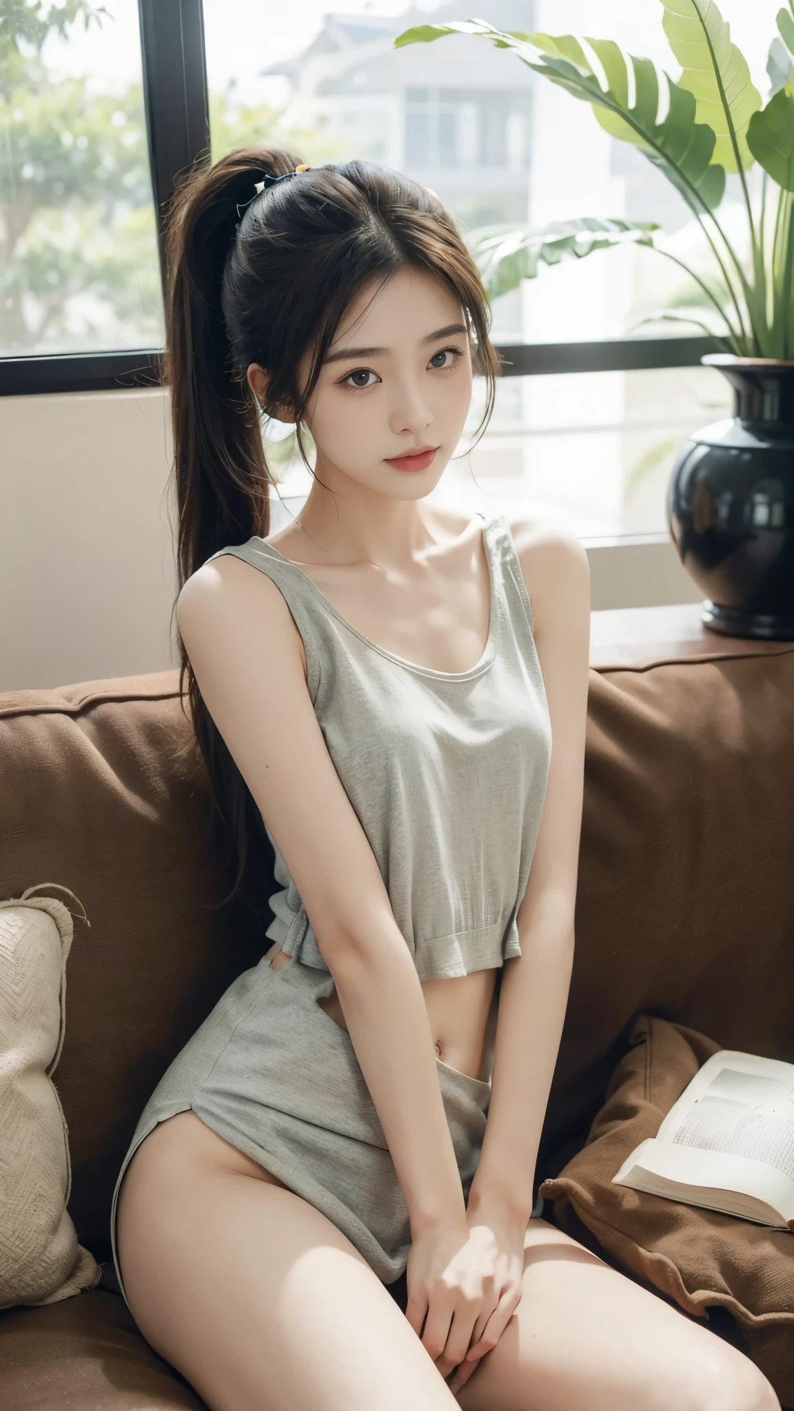 (((best quality))),(((very detailed))),(((masterpiece))),illustration,((1 beautiful girl, College student,alone)),((slim,thin,,flat chest)),(short ponytail:1.2),(sleeveless shirt:1.2), studying, books, dormitory, Summer Afternoon, sky, gloomy shadow, bed, Wooden desk, bookshelf, Soft and warm light, lamp, soft light, Almond-shaped eyes, textbooks, fancy, Beach, city, vacation, laugh, pen, emphasis, notebook, date, leg stretching, A cushion, portable fan, soothing breeze, summer heat, herbal tea, thirst, potted plants, greenery, vibrant leaves, cozy atmosphere, a firm expression, excel test, Summer Vacation, Intellect, crystal, achieve the goal,((sit on the sofa,arms back,spread legs,in front,whole body))